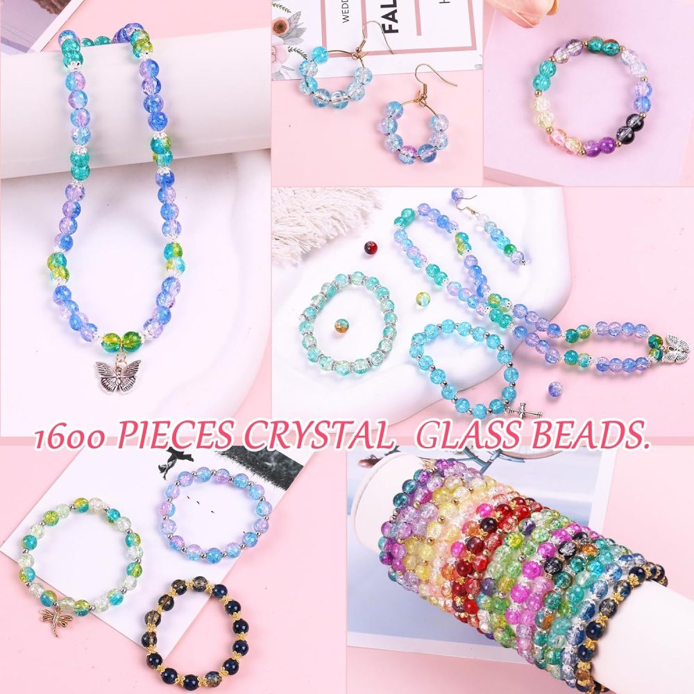 1800PCS 8mm Crackle Glass Beads Bracelet Making Kit, 48 Colors Crystal Beads for Jewelry Making, Round Beads for Bracelets, Friendship Bracelet kit for DIY Crafts Gifts, 2 Box (Crackle Colors) - Image 3