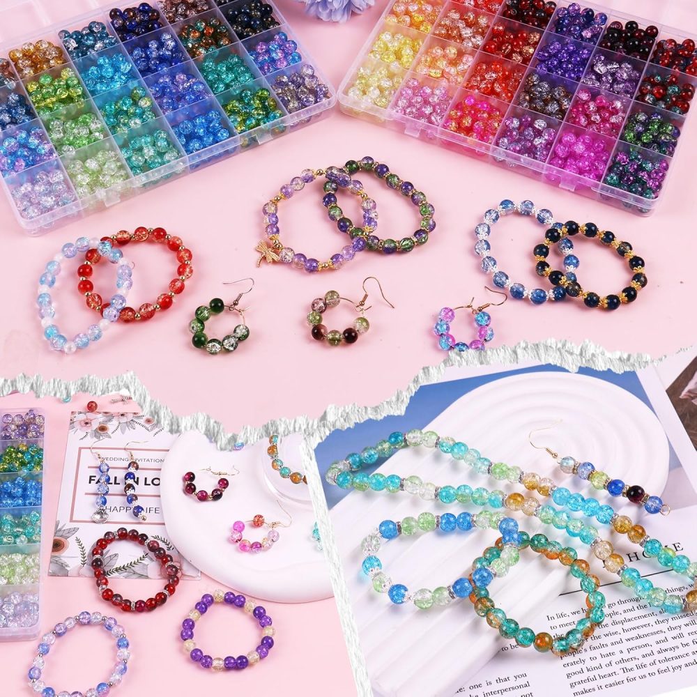 1800PCS 8mm Crackle Glass Beads Bracelet Making Kit, 48 Colors Crystal Beads for Jewelry Making, Round Beads for Bracelets, Friendship Bracelet kit for DIY Crafts Gifts, 2 Box (Crackle Colors) - Image 6