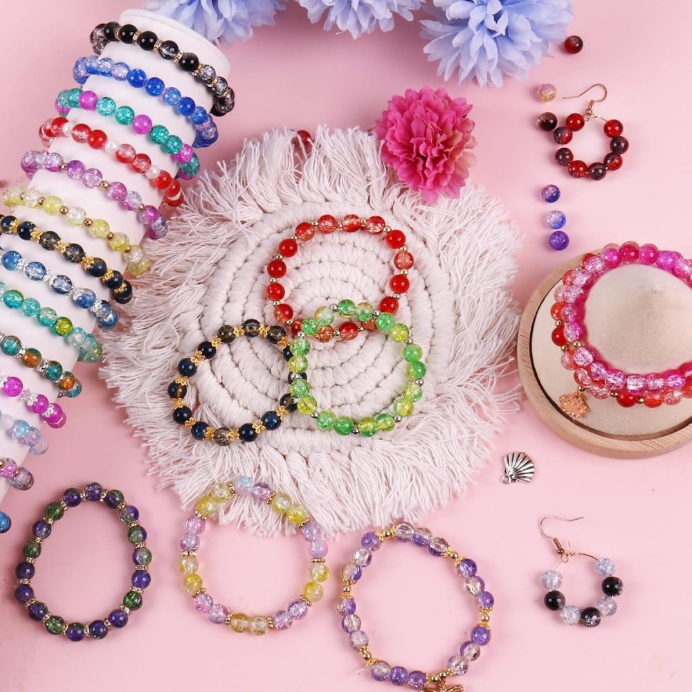 1800PCS 8mm Crackle Glass Beads Bracelet Making Kit, 48 Colors Crystal Beads for Jewelry Making, Round Beads for Bracelets, Friendship Bracelet kit for DIY Crafts Gifts, 2 Box (Crackle Colors) - Image 7
