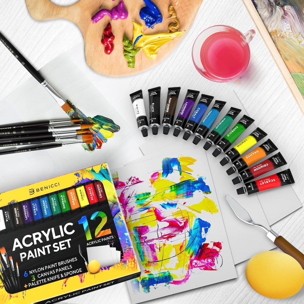 Complete Acrylic Paint Set – 12х Rich Pigment Colors & 6x Art Brushes - Includes 3 Paint Canvases, Palette Knife & Sponge - Perfect for Canvas, Clay, Ceramic - Non-Toxic, Great for Kids & Adults - Image 3