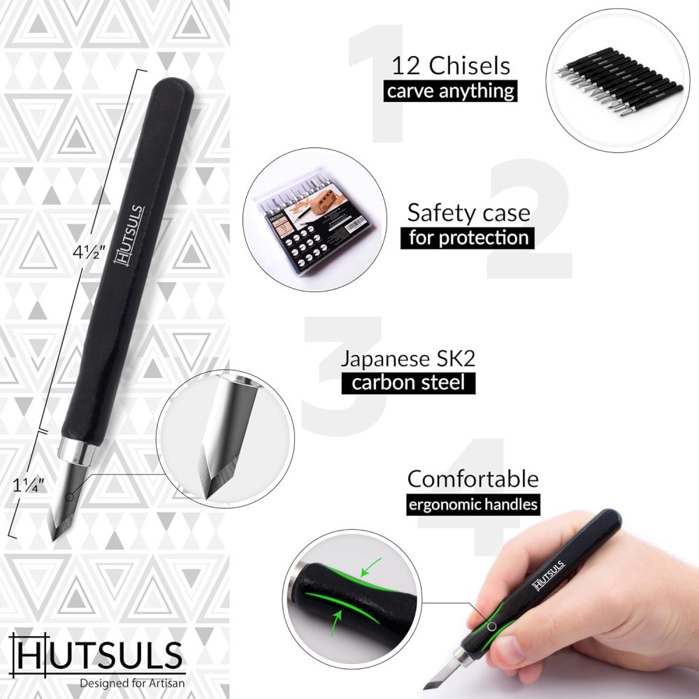 Hutsuls Wood Carving Tools Set - Easy to Use 12 pcs Mini Wood Chisel Beginner Wood Carving Kit for Adults & Kids Carving Kit Gift - Image 3