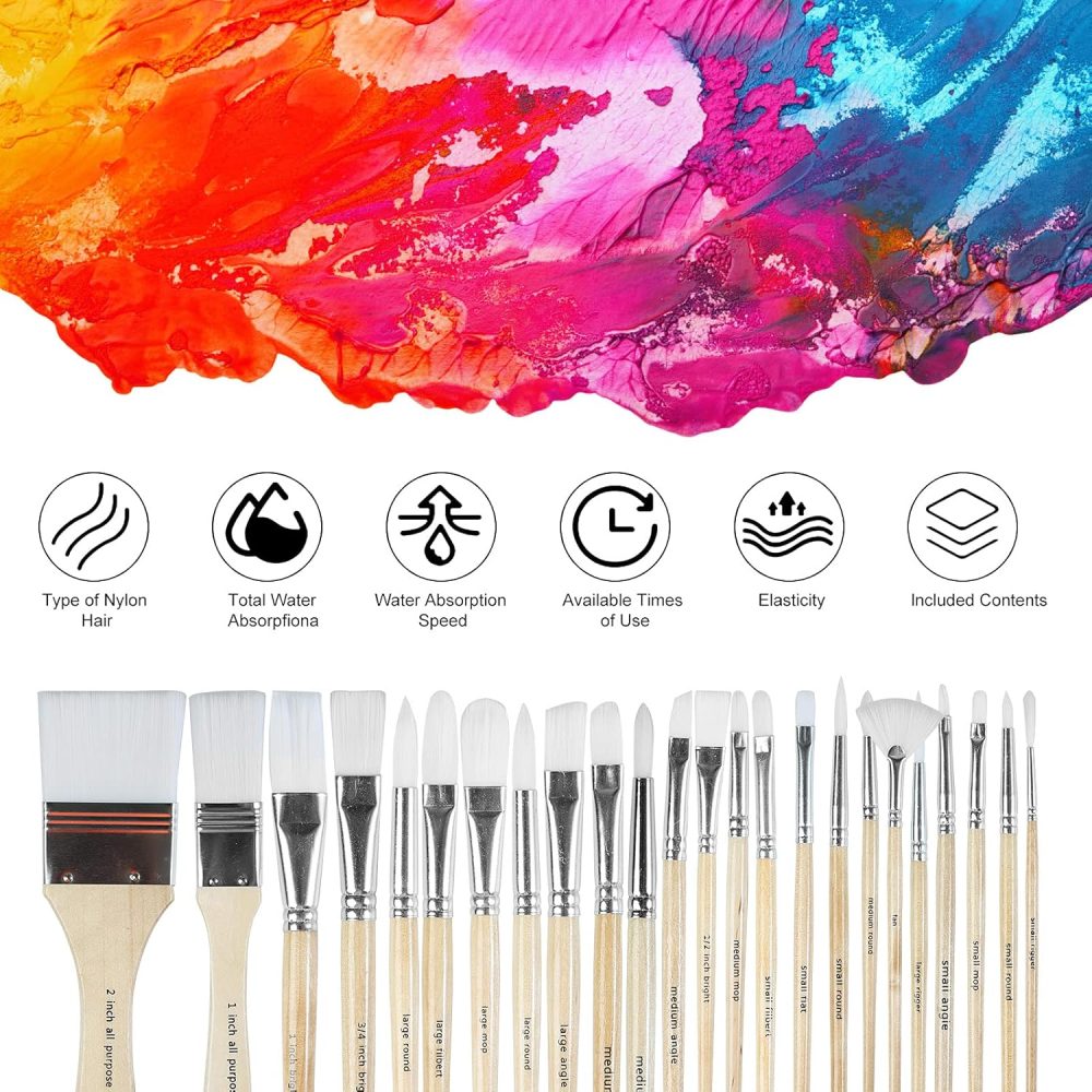 Paint Brushes Set of 24 Pieces Wooden Handles Brushes with Canvas Brush Case, Professional for Oil, Acrylic and Watercolor Painting - Image 3