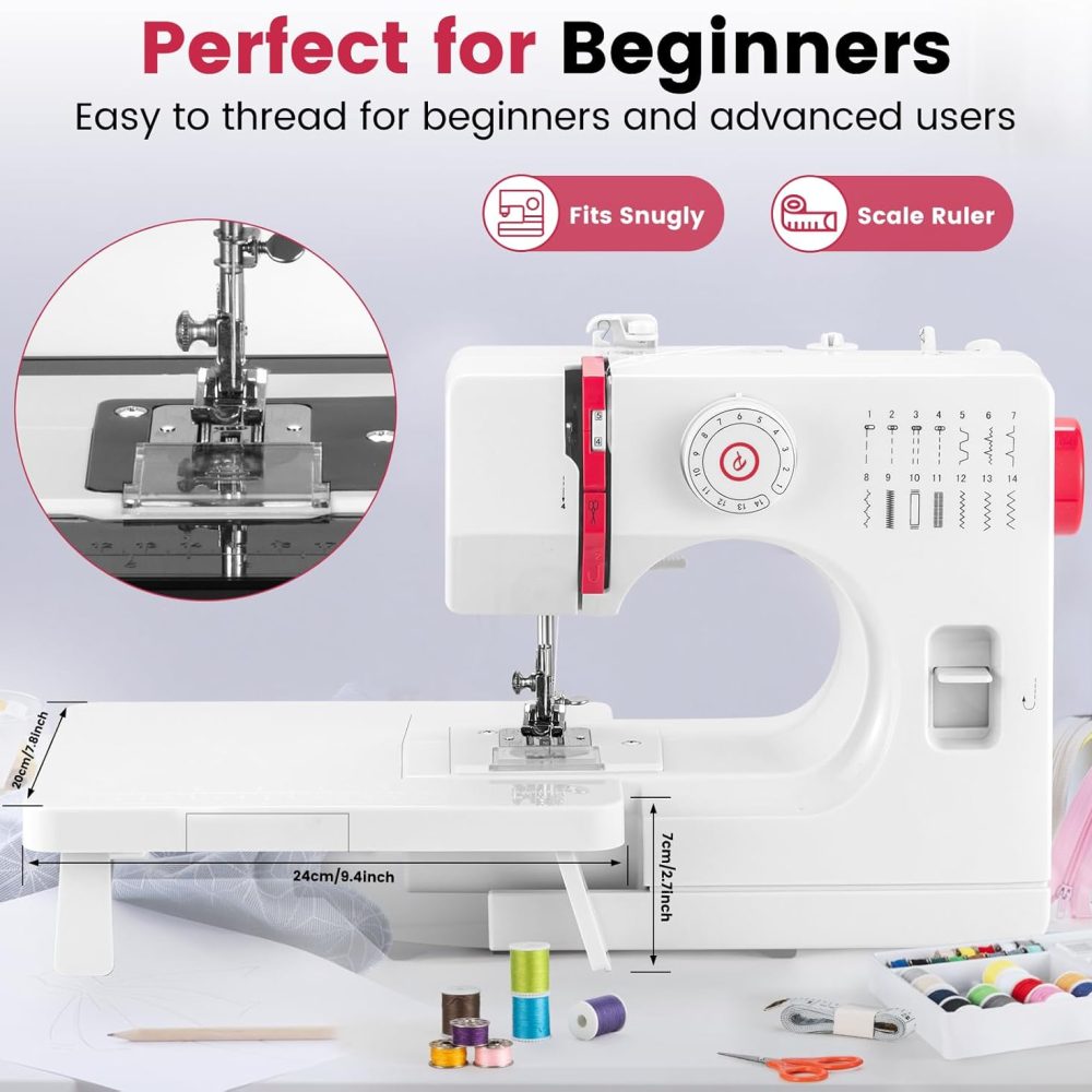 Sewing Machine, Mini Sewing Machine with Extension Table, 14 Stitch Dual Speed Portable Sewing Machine for Beginners, Sewing Kit with Foot Pedal & Sewing Shelf Kit(Upgrade Version) - Image 3