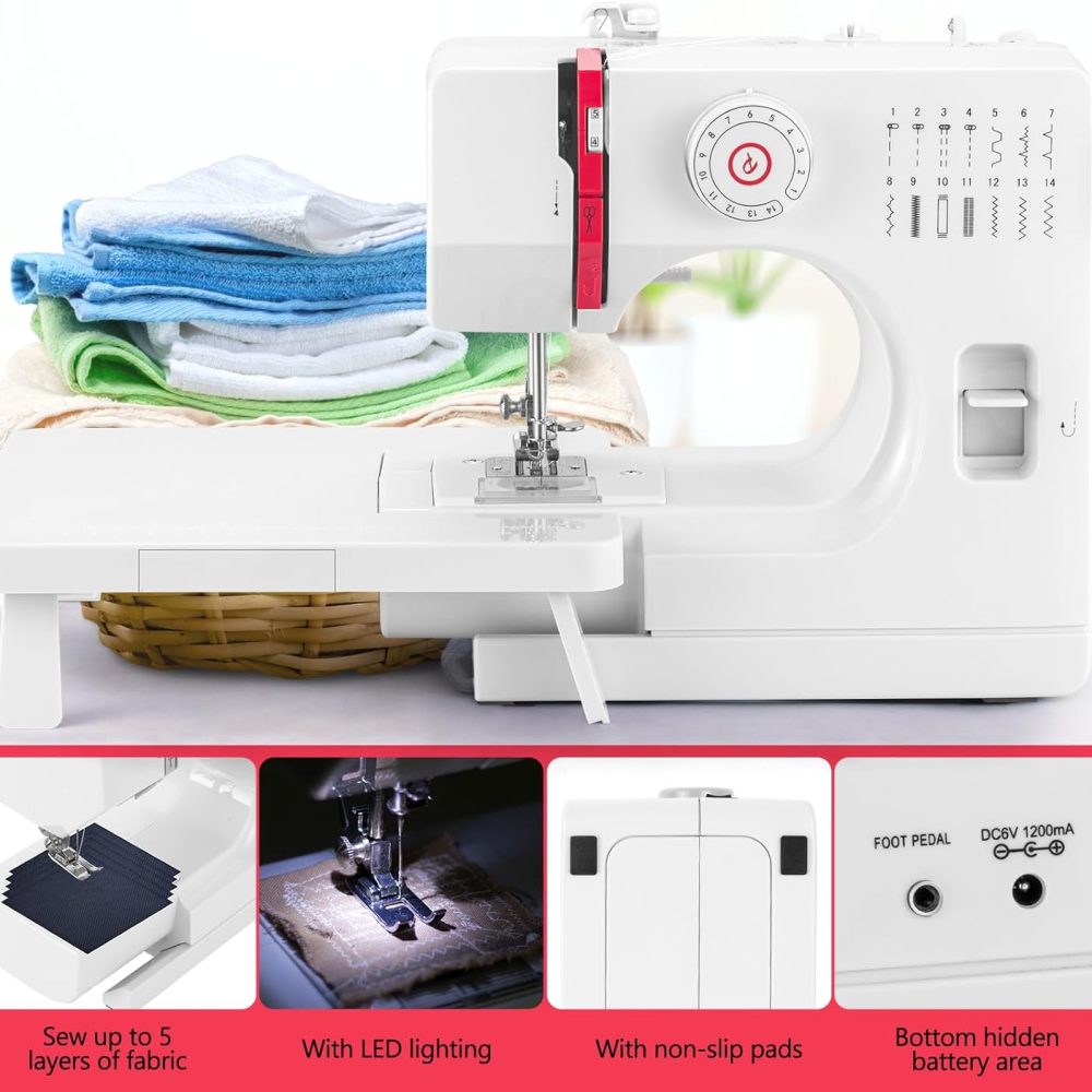 Sewing Machine, Mini Sewing Machine with Extension Table, 14 Stitch Dual Speed Portable Sewing Machine for Beginners, Sewing Kit with Foot Pedal & Sewing Shelf Kit(Upgrade Version) - Image 5