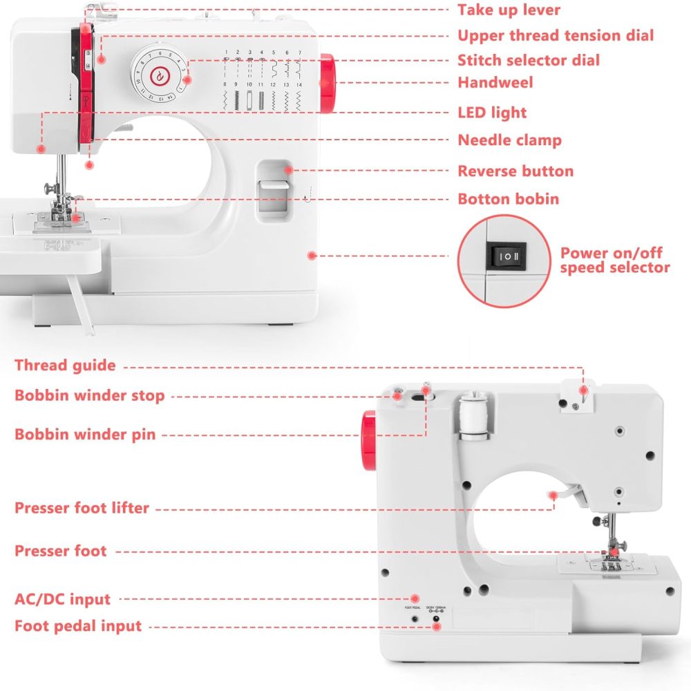 Sewing Machine, Mini Sewing Machine with Extension Table, 14 Stitch Dual Speed Portable Sewing Machine for Beginners, Sewing Kit with Foot Pedal & Sewing Shelf Kit(Upgrade Version) - Image 7