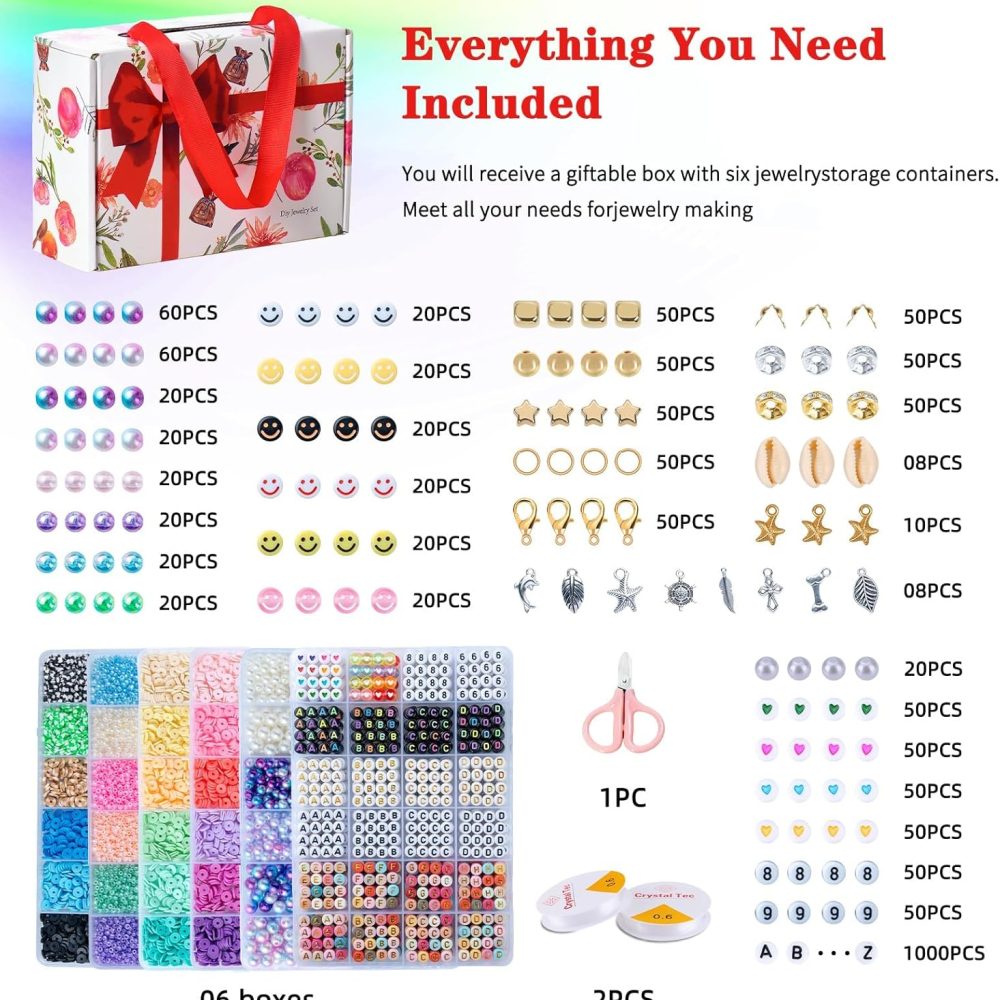 SJZWSD 6-Box Friendship Bracelet Making Kit - 16,000pcs Clay Beads, Seed Beads & Glass Beads Collection, Letter Beads, Charms - Image 4