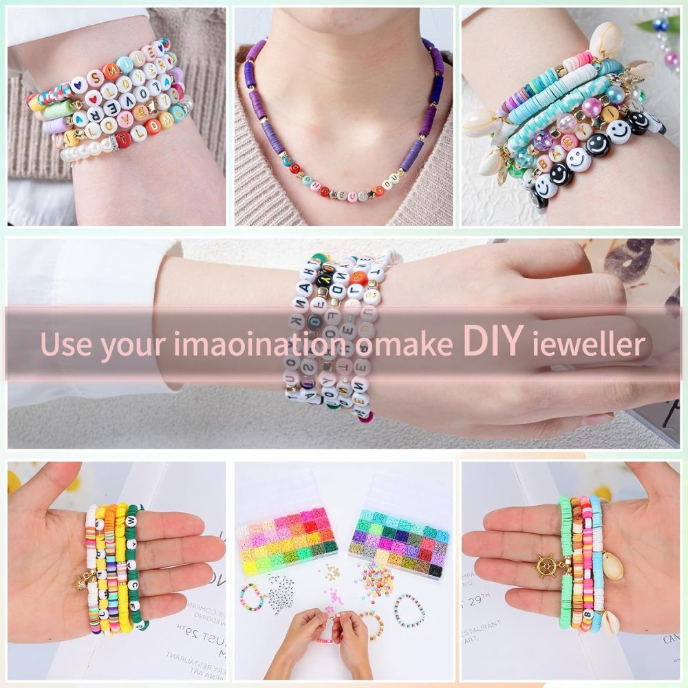 SJZWSD 6-Box Friendship Bracelet Making Kit - 16,000pcs Clay Beads, Seed Beads & Glass Beads Collection, Letter Beads, Charms - Image 8