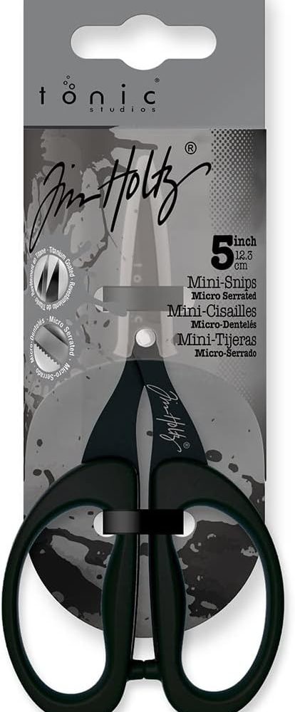 Tim Holtz Small Scissors - 5 Inch Mini Snips with Micro Serrated Blade - Craft Tool for Cutting Paper, Fabric, and Sewing - Titanium with Black Comfort Grip Handles