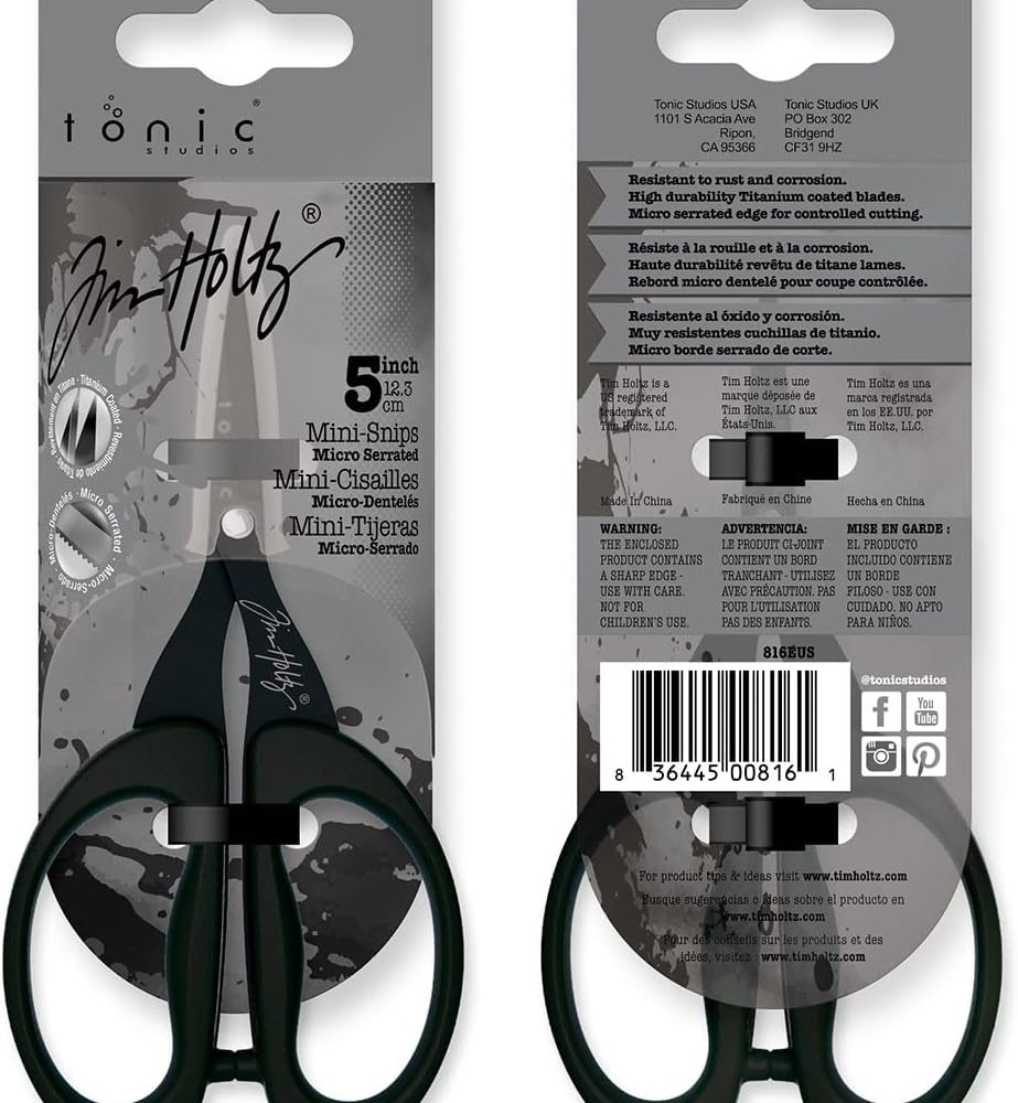 Tim Holtz Small Scissors - 5 Inch Mini Snips with Micro Serrated Blade - Craft Tool for Cutting Paper, Fabric, and Sewing - Titanium with Black Comfort Grip Handles - Image 5